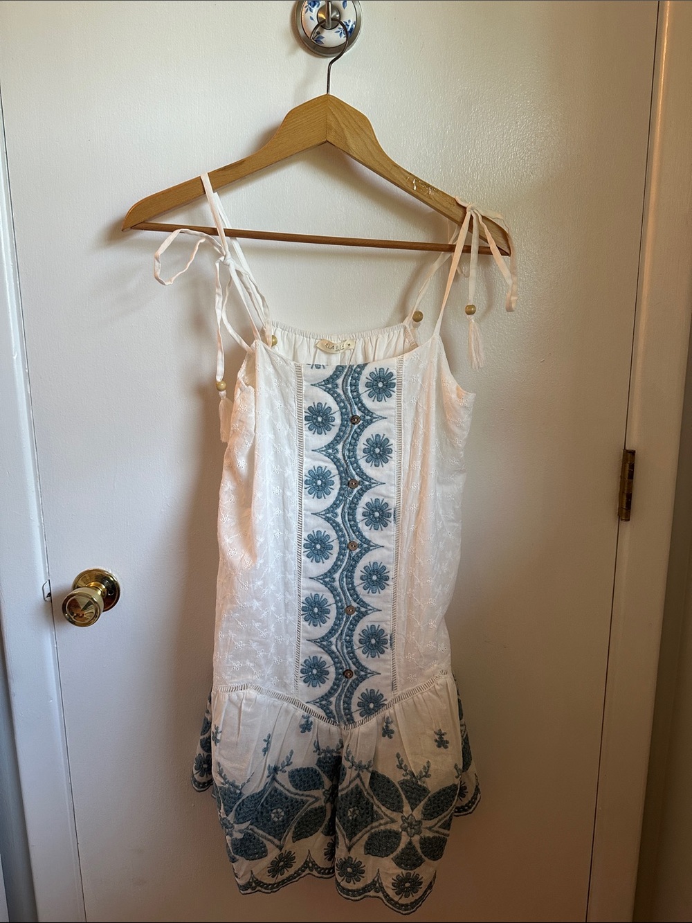 ILLA ILLA White Mini Dress with Blue Embroidered Panel